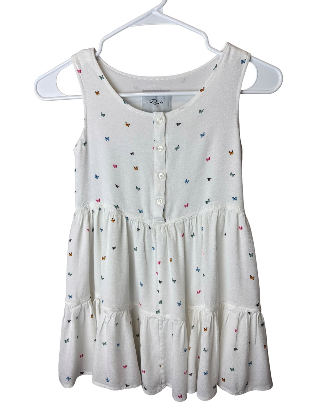 Rails Katie Rainbow Butterfly Print on White Tiered Sleeveless Kids Dress 8-9Y